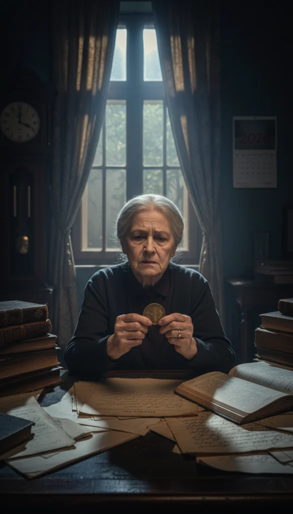 Ältere Frau prüft Goldmünze über Erbdokumenten; Symbol der Vermögenserosion und des Schicksalsjahres 2026 für Gold-Erbe.