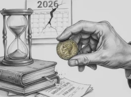 Goldmünze in der Hand neben Sanduhr und rissigem Kalender 2026 symbolisiert die Vermögenserosion beim Gold-Erbe.