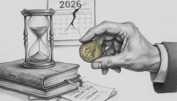 Goldmünze in der Hand neben Sanduhr und rissigem Kalender 2026 symbolisiert die Vermögenserosion beim Gold-Erbe.