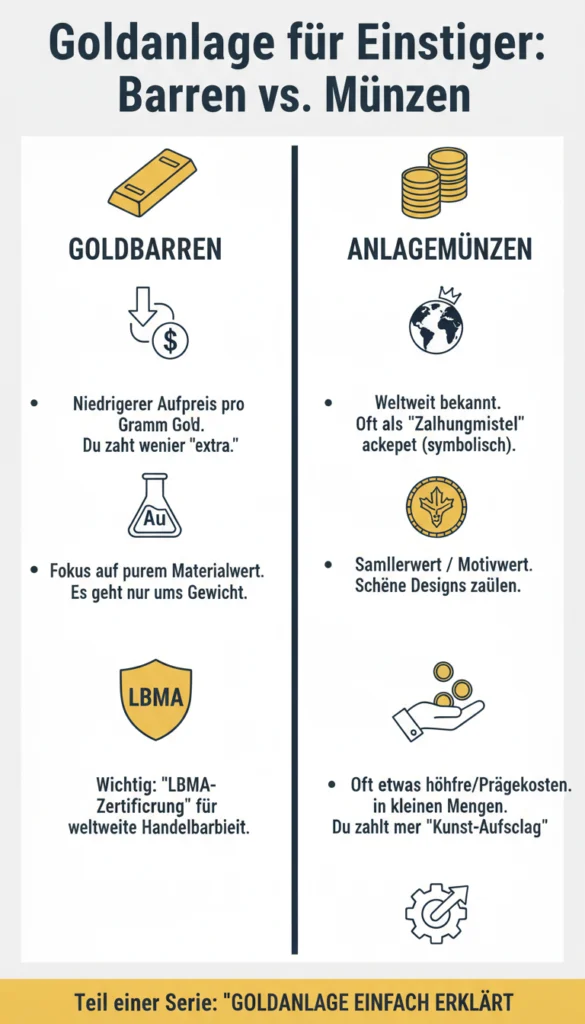 Infografik zum Thema 'Goldanlage für Einsteiger: Barren vs. Münzen'. Sie vergleicht die Vorteile beider Anlageformen. Goldbarren punkten mit niedrigerem Aufpreis, Fokus auf den reinen Materialwert und die Wichtigkeit der LBMA-Zertifizierung. Anlagemünzen zeichnen sich durch weltweite Bekanntheit, Sammlerwert durch schöne Designs und symbolische Funktion als Zahlungsmittel aus, haben jedoch oft höhere Prägekosten.