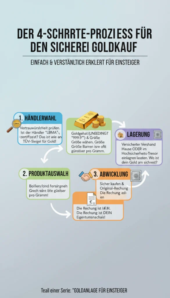 Infografik zum Thema 'Goldanlage für Einsteiger: Barren vs. Münzen'. Sie vergleicht die Vorteile beider Anlageformen. Goldbarren punkten mit niedrigerem Aufpreis, Fokus auf den reinen Materialwert und die Wichtigkeit der LBMA-Zertifizierung. Anlagemünzen zeichnen sich durch weltweite Bekanntheit, Sammlerwert durch schöne Designs und symbolische Funktion als Zahlungsmittel aus, haben jedoch oft höhere Prägekosten.
