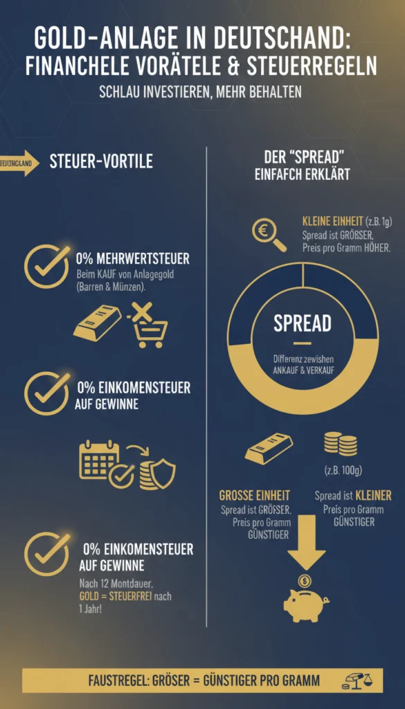 Infografik zum Thema 'Goldanlage für Einsteiger: Barren vs. Münzen'. Sie vergleicht die Vorteile beider Anlageformen. Goldbarren punkten mit niedrigerem Aufpreis, Fokus auf den reinen Materialwert und die Wichtigkeit der LBMA-Zertifizierung. Anlagemünzen zeichnen sich durch weltweite Bekanntheit, Sammlerwert durch schöne Designs und symbolische Funktion als Zahlungsmittel aus, haben jedoch oft höhere Prägekosten.