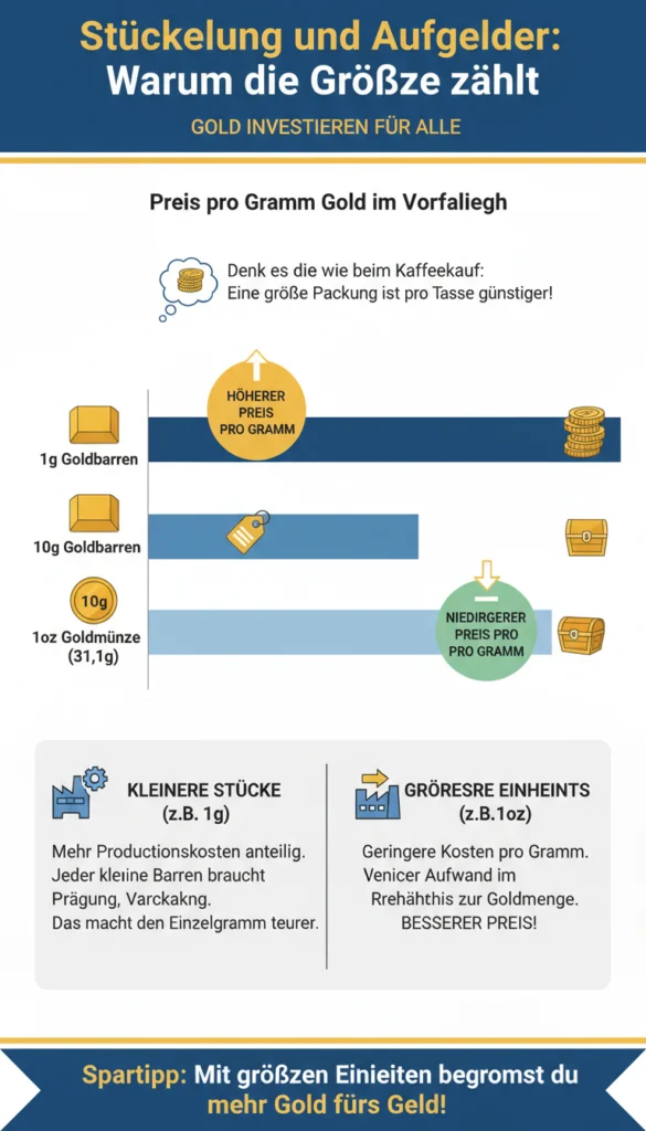 Infografik über Goldstückelung und Aufgelder: Ein Vergleich zeigt, dass der Preis pro Gramm Gold sinkt, je größer die Gewichtseinheit ist. Während ein 1g-Goldbarren aufgrund höherer Produktionskosten pro Gramm am teuersten ist, bietet eine 1oz-Goldmünze den besten Preis pro Gramm.