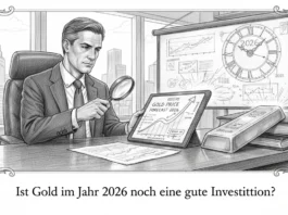 Geschäftsmann prüft Goldpreis-Prognose für 2026 mit Lupe neben Goldbarren für eine lohnende Investition.