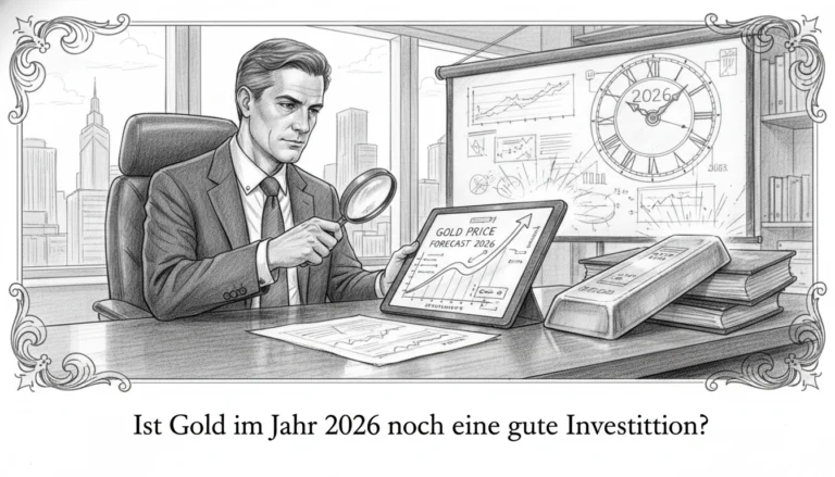 Geschäftsmann prüft Goldpreis-Prognose für 2026 mit Lupe neben Goldbarren für eine lohnende Investition.