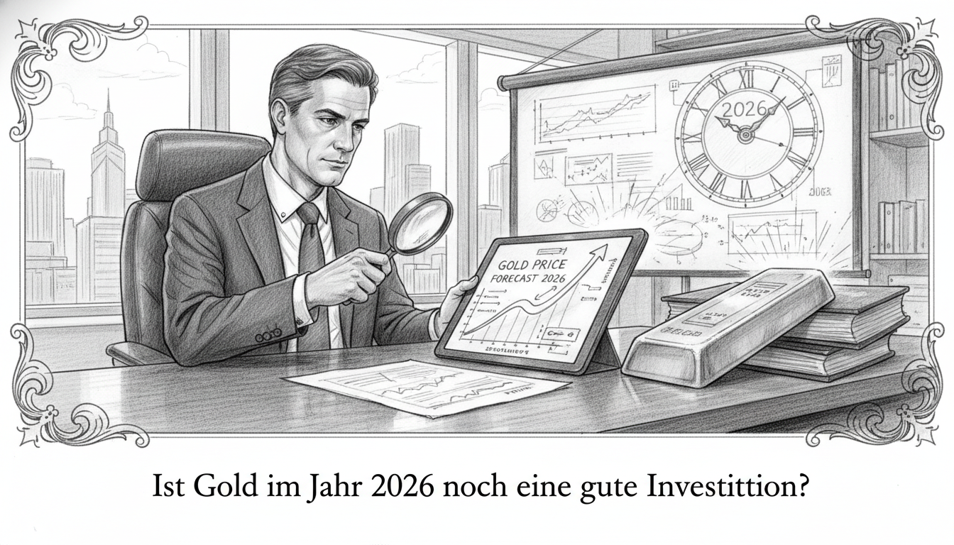 gold-investment-forecast-2026-analysis.webp Geschäftsmann prüft Goldpreis-Prognose für 2026 mit Lupe neben Goldbarren für eine lohnende Investition.