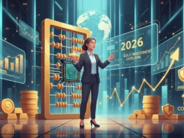 Geschäftsfrau analysiert Gold-Investitionen für 2026 mit digitalem Abakus, Goldbarren und Finanzdiagrammen.