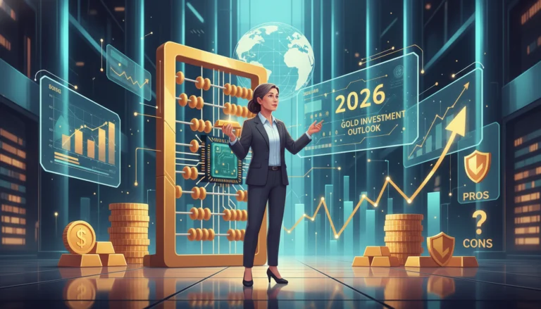 Geschäftsfrau analysiert Gold-Investitionen für 2026 mit digitalem Abakus, Goldbarren und Finanzdiagrammen.