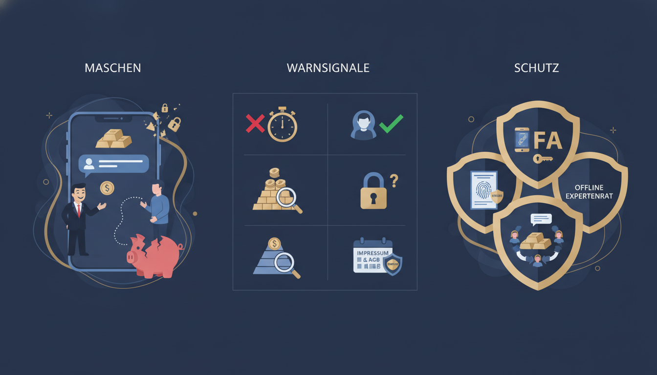 Drei Spalten zu Gold-Anlagebetrug auf WhatsApp & Social Media zeigen typische Maschen, Warnsignale und Schutz.