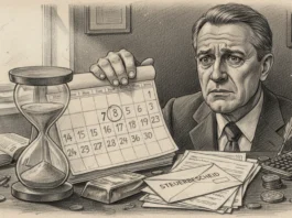 Besorgter Mann am Schreibtisch mit Sanduhr, Kalender und Goldbarren neben einem wichtigen Steuerbescheid.