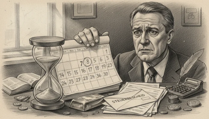 gold-kalender-steuerbescheid-fristen.webp Besorgter Mann am Schreibtisch mit Sanduhr, Kalender und Goldbarren neben einem wichtigen Steuerbescheid.