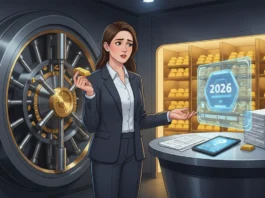 Frau im Tresorraum hält Goldbarren neben 2026-Hologramm zur Frage, wie viel Gold man ohne Ausweis kaufen darf.