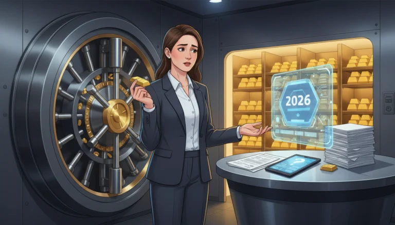 Frau im Tresorraum hält Goldbarren neben 2026-Hologramm zur Frage, wie viel Gold man ohne Ausweis kaufen darf.