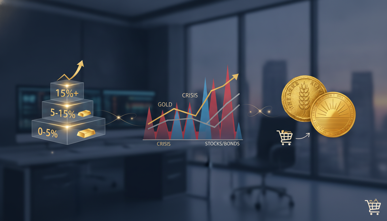 Eine dreistufige Pyramide veranschaulicht die 5-15%-Regel für den Goldanteil im Portfolio neben Krisen-Aktien-Charts.