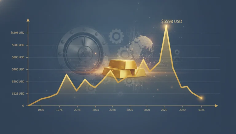 Ein goldener Linienchart zeigt den Goldpreis und seine Entwicklung von 1976 bis 2026 vor Goldbarren und einem Tresor.