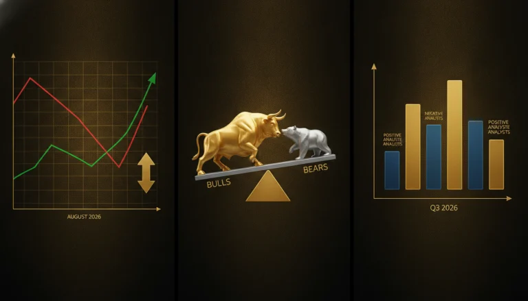 Goldener Bulle und silberner Bär auf einer Wippe symbolisieren die Trendwende beim Goldpreis im August 2026.
