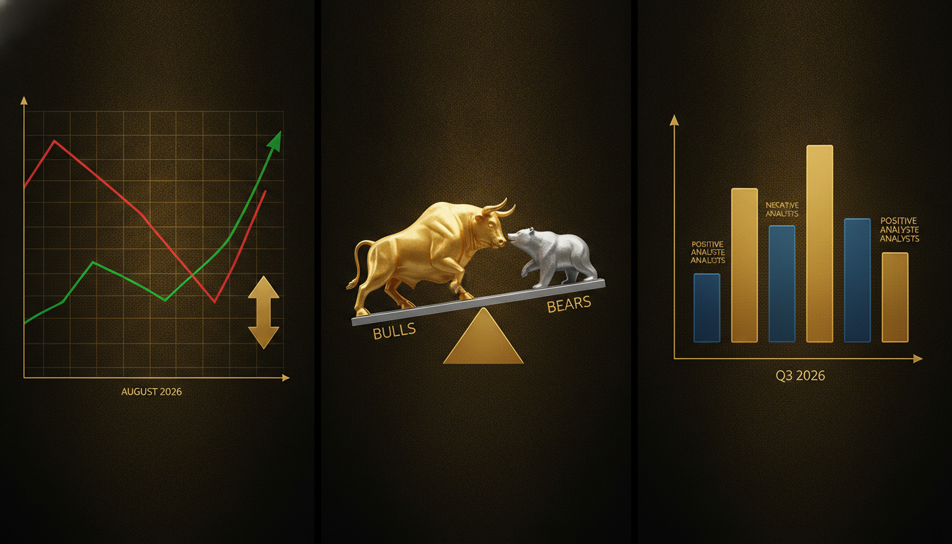 Goldener Bulle und silberner Bär auf einer Wippe symbolisieren die Trendwende beim Goldpreis im August 2026.
