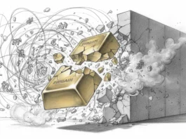 Gold durchbricht die 5.000-Dollar-Schallmauer: Eine Zäsur für das globale Finanzsystem Eine künstlerische Darstellung, die einen massiven Goldbarren zeigt, der kraftvoll eine dicke graue Steinmauer durchbricht und dabei Trümmer und Staub aufwirbelt. Dies symbolisiert das Durchbrechen der 5.000-Dollar-Schallmauer. Auf der linken Seite befindet sich ein turbulenter Wirbelsturm aus verschiedenen Währungssymbolen wie Dollar, Euro und Yen, was die Instabilität des aktuellen Finanzsystems und die Stärke von Gold als sicheren Hafen verdeutlicht.