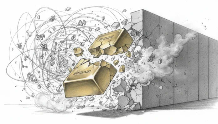 Eine künstlerische Darstellung, die einen massiven Goldbarren zeigt, der kraftvoll eine dicke graue Steinmauer durchbricht und dabei Trümmer und Staub aufwirbelt. Dies symbolisiert das Durchbrechen der 5.000-Dollar-Schallmauer. Auf der linken Seite befindet sich ein turbulenter Wirbelsturm aus verschiedenen Währungssymbolen wie Dollar, Euro und Yen, was die Instabilität des aktuellen Finanzsystems und die Stärke von Gold als sicheren Hafen verdeutlicht.