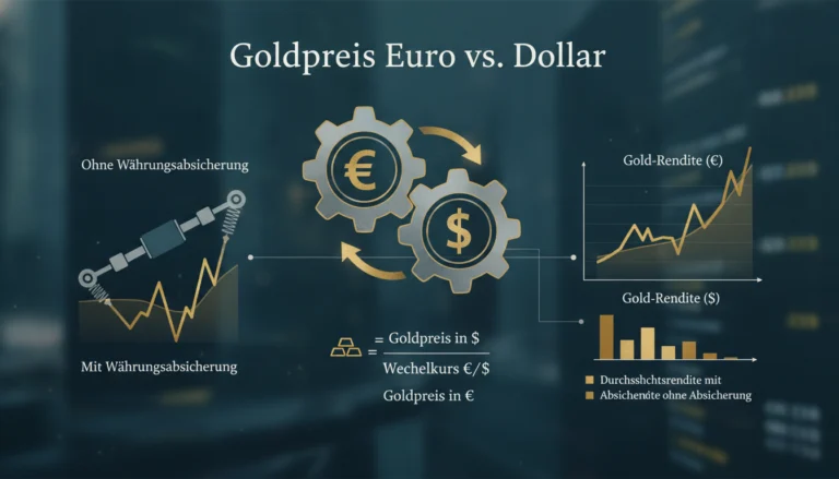 Zahnräder mit Euro und Dollar neben Diagrammen zeigen, wie der Wechselkurs die Goldpreis-Rendite beeinflusst.