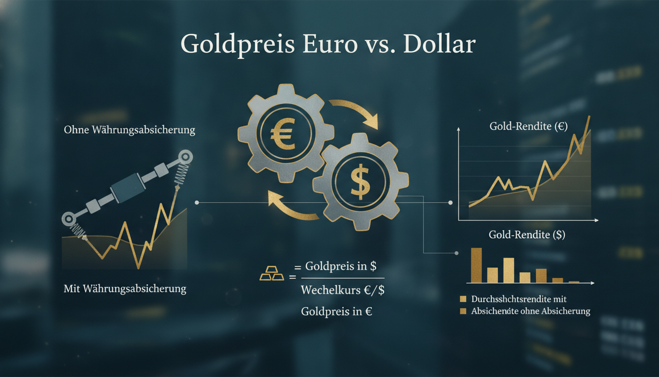Zahnräder mit Euro und Dollar neben Diagrammen zeigen, wie der Wechselkurs die Goldpreis-Rendite beeinflusst.