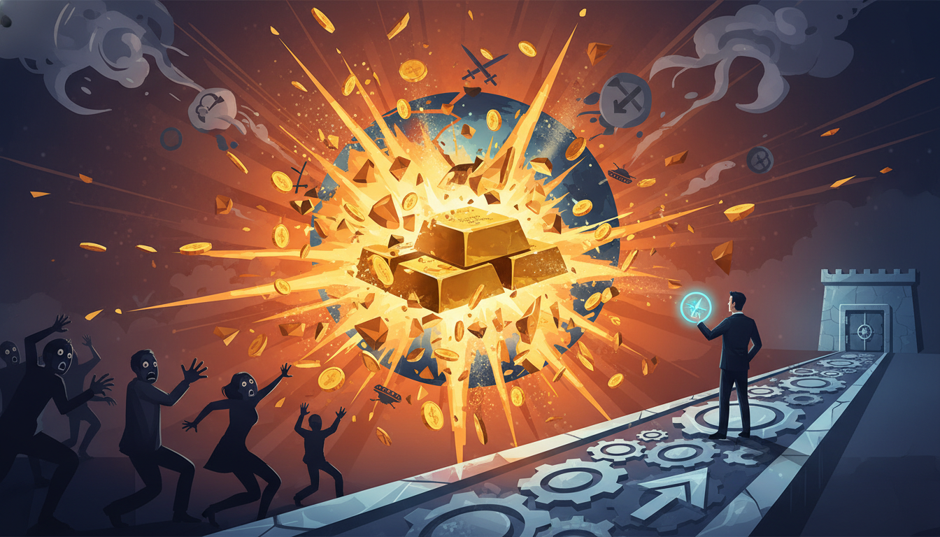 gold-price-explosion-2026-geopolitics-panic-rational-path.webp Explodierender Goldpreis 2026 versetzt Menschen in Panik, ein Anleger wählt besonnen den rationalen Weg zum Ziel.