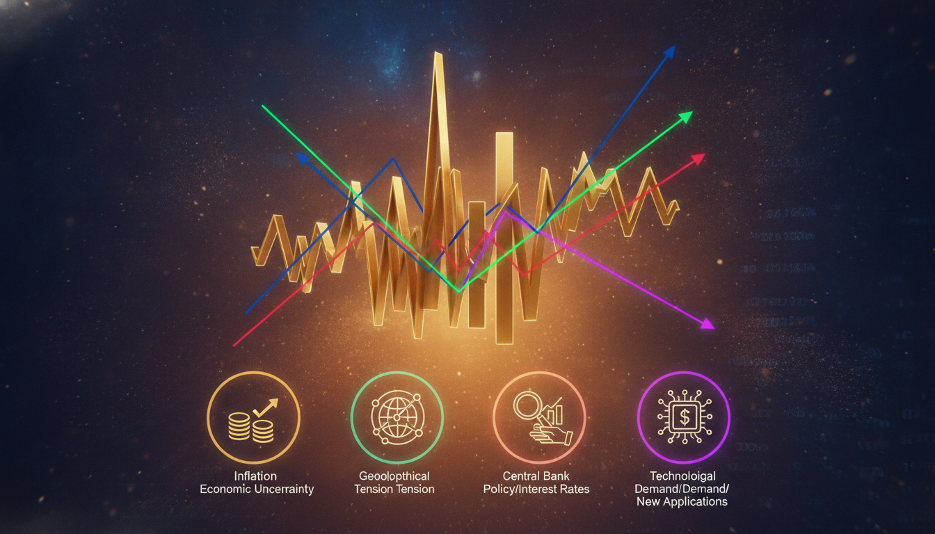 Goldene 3D-Kurskurve mit bunten Trendpfeilen und Symbolen für die Goldpreis Prognose 2026 bis 2027 der Experten.