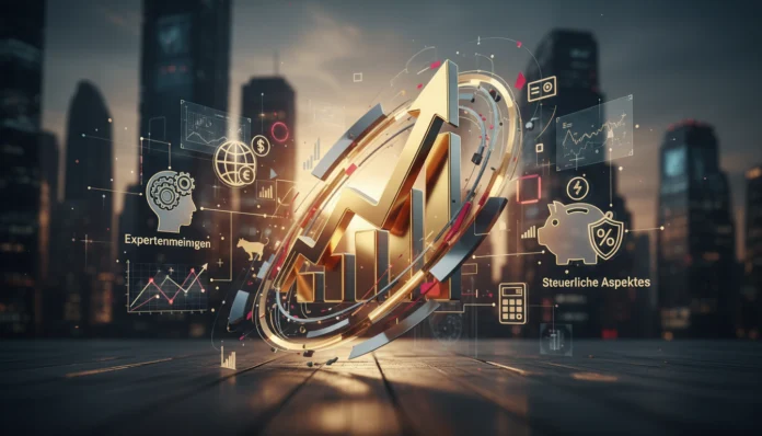 Eine goldene 3D-Grafik mit einem nach oben zeigenden Pfeil und Balkendiagrammen, umgeben von Finanzsymbolen sowie den Schriftzügen 'Expertenmeinungen' und 'Steuerliche Aspekte' vor einer nächtlichen Skyline.
