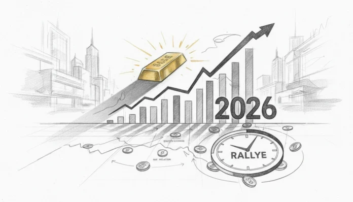 gold-price-forecast-2026-market-rally Eine Bleistiftskizze, die einen glänzenden Goldbarren auf einem steil ansteigenden Kursdiagramm zeigt. Im Hintergrund sind ein Balkendiagramm, das Jahr 2026 und eine Stadtskyline zu sehen, während im Vordergrund eine Uhr mit der Aufschrift Rallye und verstreute Münzen abgebildet sind.
