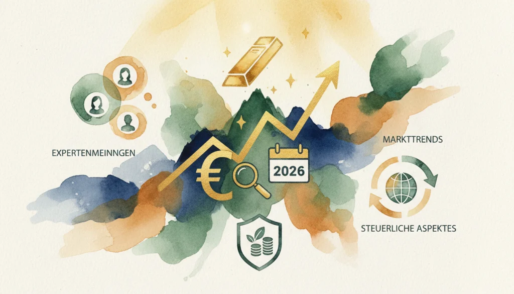 Eine Aquarell-Illustration zur Goldpreis-Prognose 2026 mit einem Goldbarren, einem aufsteigenden goldenen Pfeil, einem Kalenderblatt für 2026 sowie Symbolen für Expertenmeinungen, Markttrends und steuerliche Aspekte.