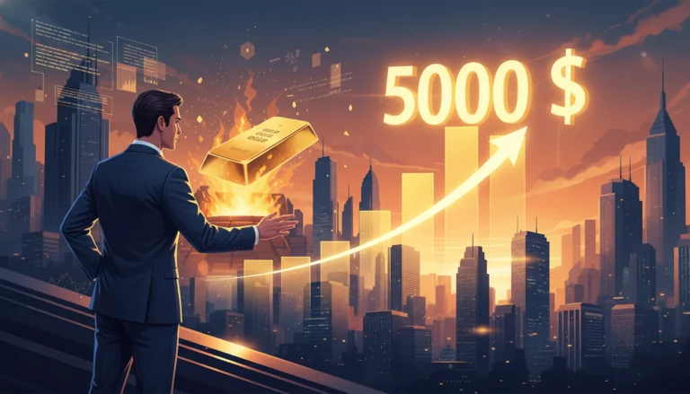 Geschäftsmann beobachtet Goldpreis Prognose von 5000 Dollar mit steigendem Kurs-Chart über einer Stadt-Skyline.