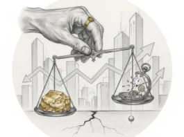 Eine symbolische Bleistiftzeichnung zeigt eine Hand, die eine Waage hält: Auf der linken Waagschale liegt ein massiver Goldklumpen, auf der rechten eine zerbrochene Taschenuhr. Im Hintergrund sind eine Skyline und schwankende Börsenpfeile zu sehen, während ein Riss im Boden wirtschaftliche Spannungen andeutet.
