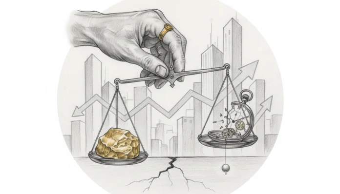 Eine symbolische Bleistiftzeichnung zeigt eine Hand, die eine Waage hält: Auf der linken Waagschale liegt ein massiver Goldklumpen, auf der rechten eine zerbrochene Taschenuhr. Im Hintergrund sind eine Skyline und schwankende Börsenpfeile zu sehen, während ein Riss im Boden wirtschaftliche Spannungen andeutet.