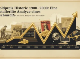 Goldpreis Historie 1900–2000: Eine detaillierte Analyse eines Jahrhunderts Goldene Aufwärtskurve zeigt die Goldpreis Historie 1900–2000 vor einem Zeitstrahl mit historischen Illustrationen.