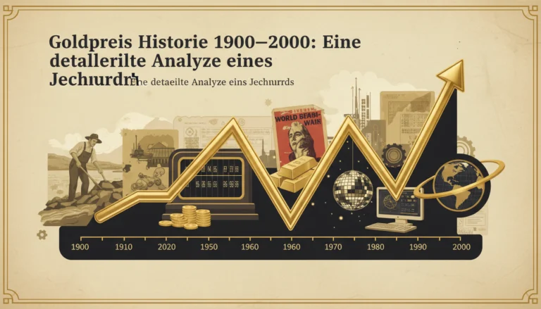 Goldene Aufwärtskurve zeigt die Goldpreis Historie 1900–2000 vor einem Zeitstrahl mit historischen Illustrationen.