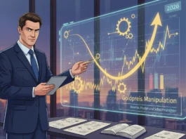 Mann analysiert Hologramm zur Goldpreis Manipulation 2026, zeigt Beweise, Muster und Schutzmaßnahmen für Anleger.