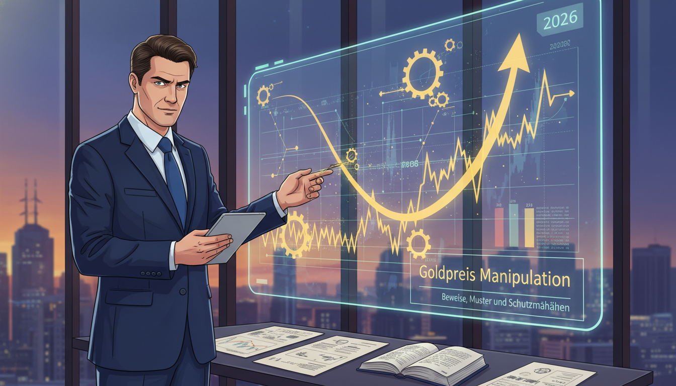 gold-price-manipulation-2026-patterns-protection.webp Mann analysiert Hologramm zur Goldpreis Manipulation 2026, zeigt Beweise, Muster und Schutzmaßnahmen für Anleger.
