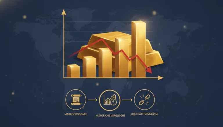 Goldbarren und sinkender roter Pfeil zeigen die Entwicklung des Goldpreis bei Rezession und Wirtschaftskrisen.