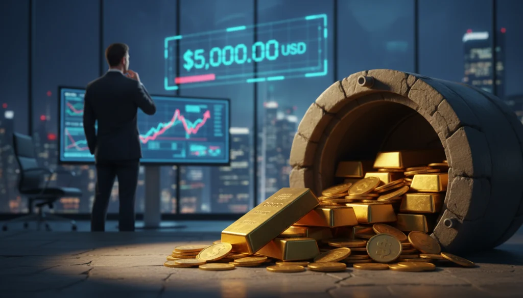 Ein Geschäftsmann in einem modernen Büro betrachtet eine digitale Anzeige, die einen Goldpreis von $5.000,00 USD anzeigt. Im Vordergrund ergießen sich Goldbarren und Goldmünzen aus einem umgestürzten Steinfass. Ein Aktienchart im Hintergrund untermauert den starken Wertzuwachs von Gold als historischen Wendepunkt im globalen Finanzsystem.