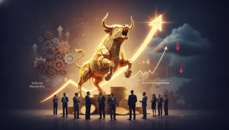 Goldener Stier steigt über Münzen empor, symbolisiert Goldpreise auf Rekordniveau 2026 für Finanz-Investoren.
