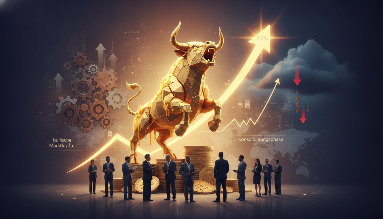 Goldener Stier steigt über Münzen empor, symbolisiert Goldpreise auf Rekordniveau 2026 für Finanz-Investoren.