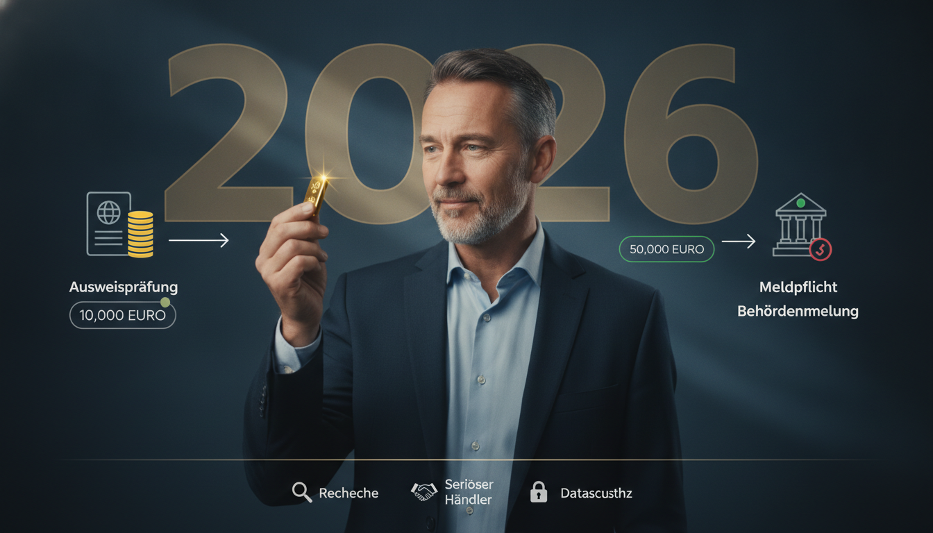 Geschäftsmann mit Goldbarren vor 2026 und Infografiken zur Ausweisprüfung und Meldepflicht beim Goldkauf.