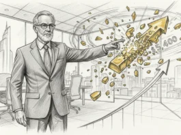 Ein seriöser Finanzexperte im Anzug zeigt auf einen explodierenden Goldbarren, der sich in einen steil nach oben gerichteten goldenen Pfeil verwandelt. Im Hintergrund ist eine moderne Skyline zu sehen, während die Zahl 5.400 Dollar den prognostizierten Goldpreis symbolisiert.