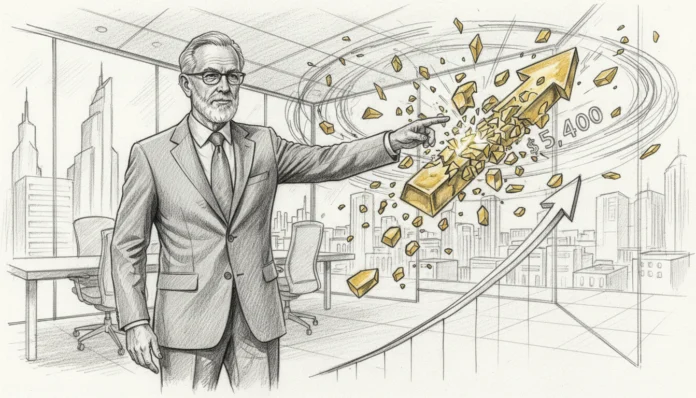 gold-rally-2026-expert-forecast-5400-dollars Ein seriöser Finanzexperte im Anzug zeigt auf einen explodierenden Goldbarren, der sich in einen steil nach oben gerichteten goldenen Pfeil verwandelt. Im Hintergrund ist eine moderne Skyline zu sehen, während die Zahl 5.400 Dollar den prognostizierten Goldpreis symbolisiert.