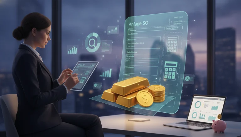 Geschäftsfrau am Laptop mit Hologramm zu Anlage SO und Goldbarren für den Goldverkauf in der Steuererklärung.