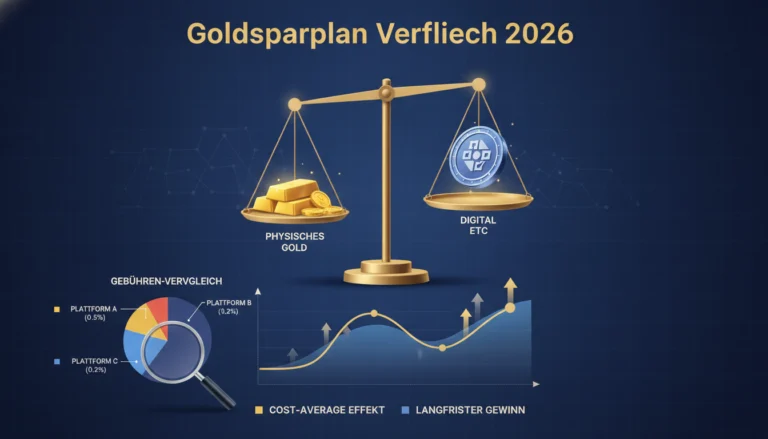 Goldsparplan Vergleich 2026: Eine Waage wiegt physisches Gold gegen digitale ETCs auf, ergänzt durch Finanzcharts.