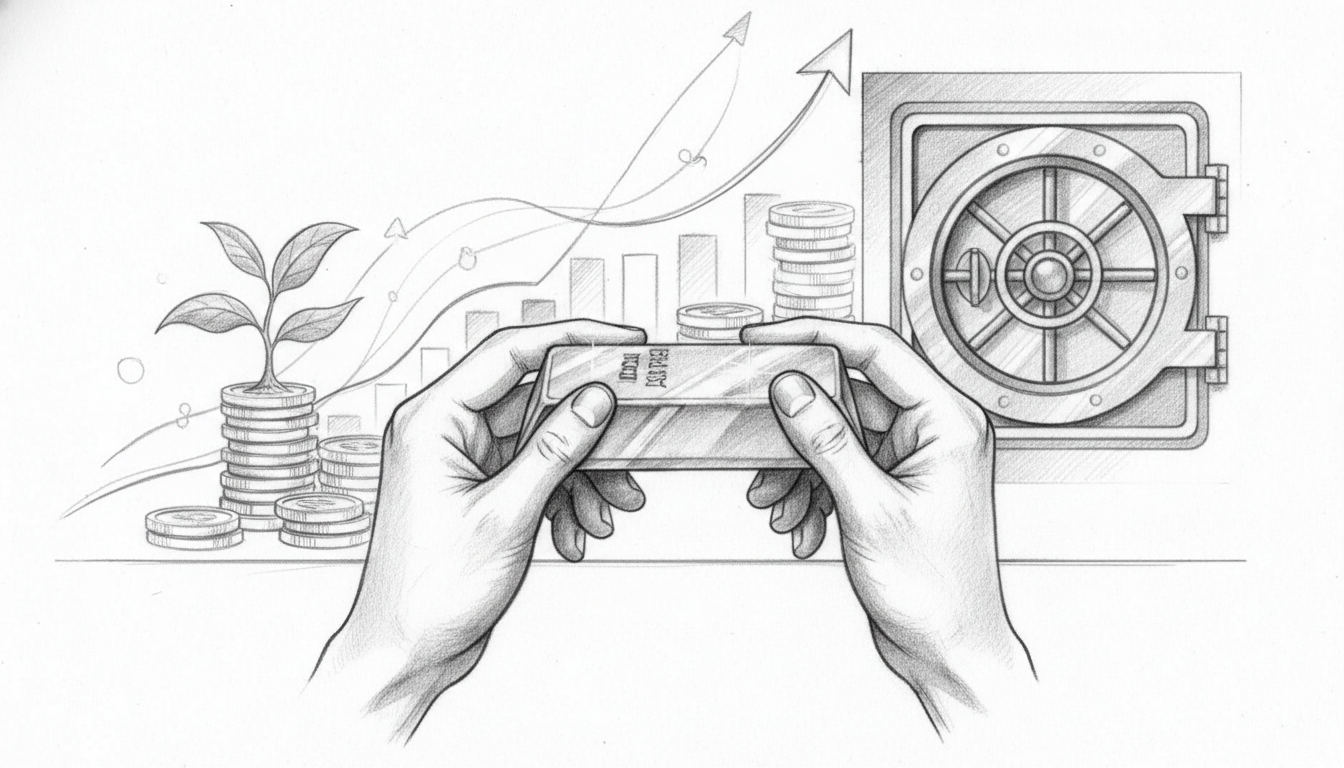 gold-savings-plan-investment-concept.webp Hände halten einen Goldbarren neben einer Pflanze auf Münzen und einem Tresor als Symbol für den Goldsparplan.