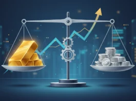 Das Gold-Silber-Ratio: Definition und Interpretation Goldbarren und Silbermünzen auf einer Waage vor einem Börsenchart zur Interpretation der Gold-Silber-Ratio.