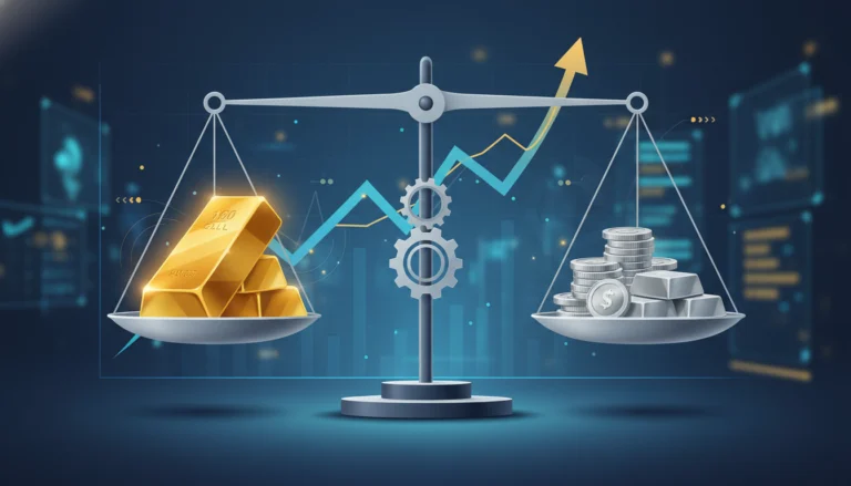 Goldbarren und Silbermünzen auf einer Waage vor einem Börsenchart zur Interpretation der Gold-Silber-Ratio.