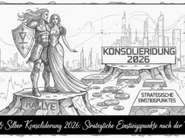 Paar auf Rallye-Fels blickt auf Gold & Silber Konsolidierung 2026 und strategische Einstiegspunkte vor futuristischer Stadt.